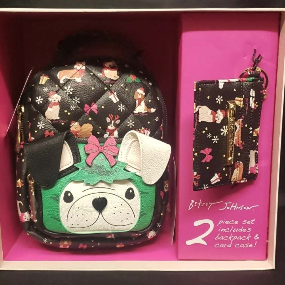 Betsey Johnson NWT, NIB 2-piece Backpack and Card Case Holiday Dog Set